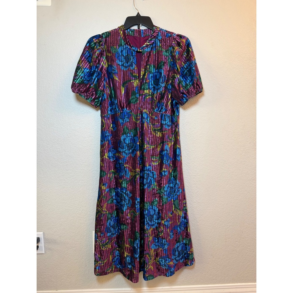 Maggy London Floral Pleated Velvet Midi Dress Jewel Tone Keyhole Size 12